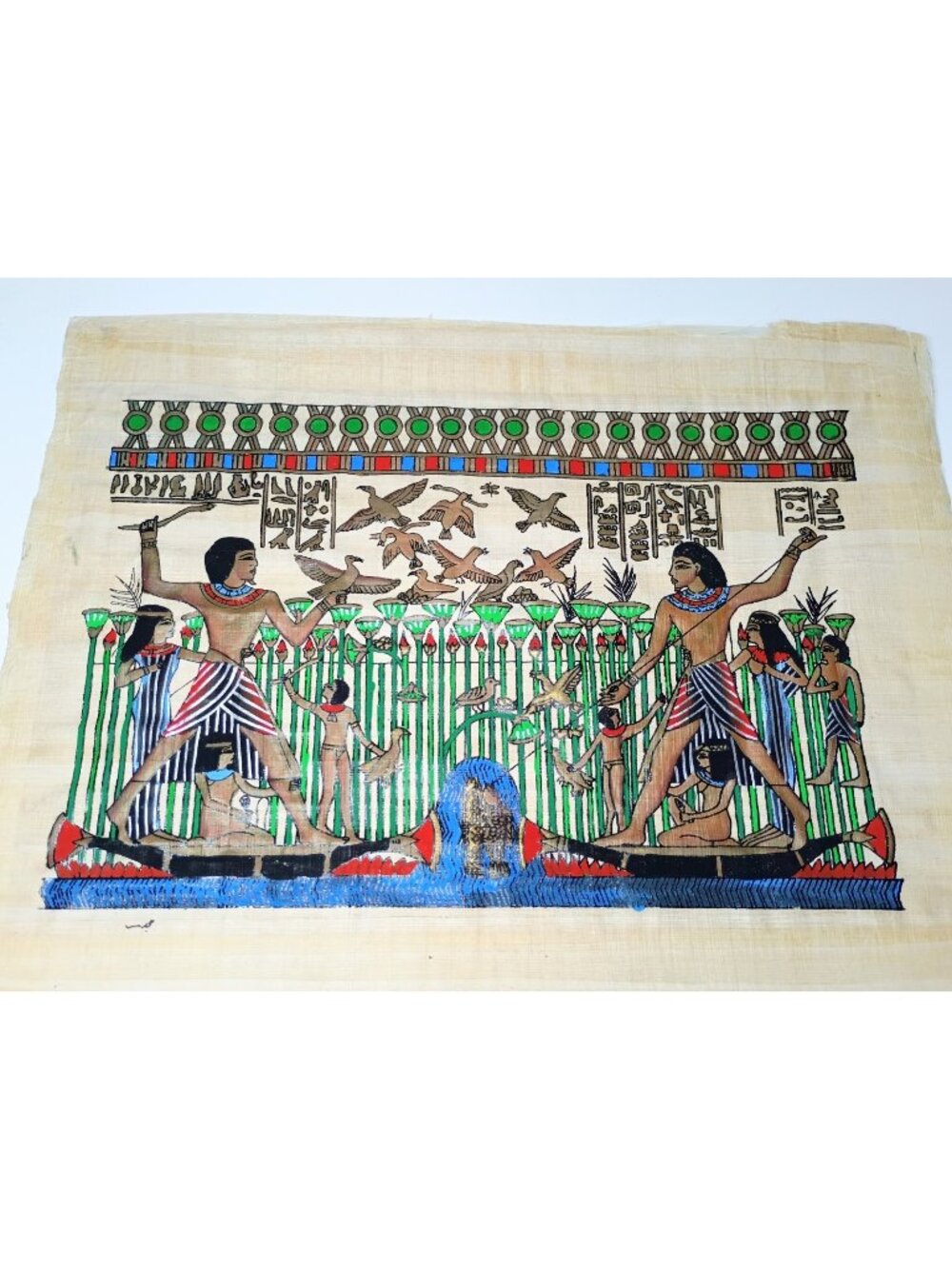 Vintage Egyptian Handpainted Papyrus Hunting on the Nile Cultural Painting 17x13